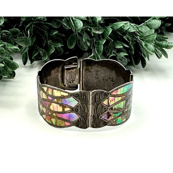 Vintage Mexican Sterling Silver Abalone Inlay Hinged Bracelet - Picture 4 of 9